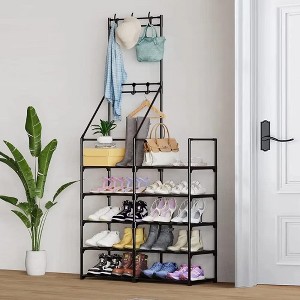 Kumasinova 5-Tier Shoe Rack and Coat Organizer,Freestanding Shoe Shelf with Hooks,Narrow Shoe Rack for Entryway,Hallway,Living Room,Black - 1 of 4