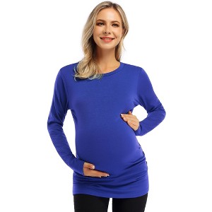 Clearlove Womens Maternity Shirt Fall Long Sleeve Crew Neck T-Shirts Pregnancy Clothes Side Ruched Tunic Tops - 1 of 4