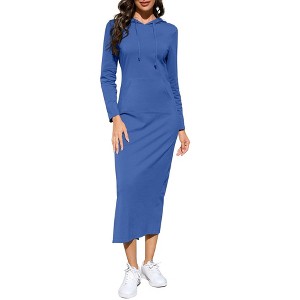 Women's Long Sleeve Hooded Midi Dress - Casual Pullover with Kangaroo Pocket & Side Slit - 1 of 1