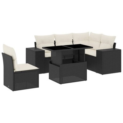 vidaXL 6 Piece Patio Sofa Set with Cushions Black and Cream Poly Rattan
