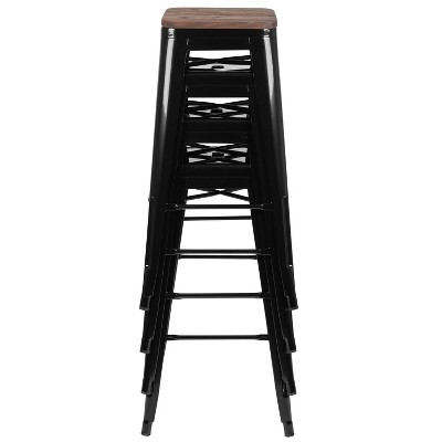 Industrial Chic 30" Stackable Black Metal and Wood Bar Stool, Set of 4
