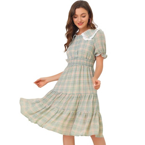 Allegra K Women's Summer Midi Puritan Collar Smocked Ruffle Plaid Chiffon A  Line Dresses : Target