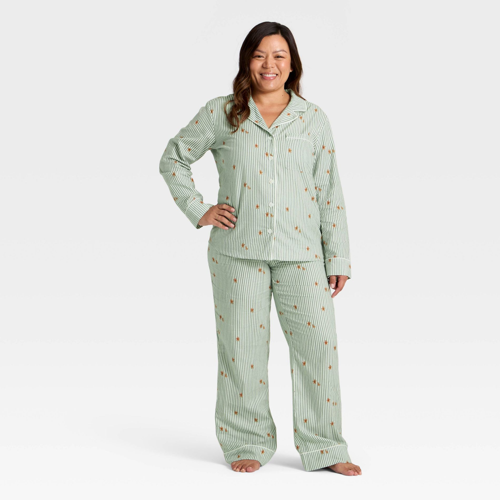 Women's Gingerbread Striped Flannel Long Sleeve Shirt and Pants Holiday Matching Family Pajama Set - Wondershop™ Cream