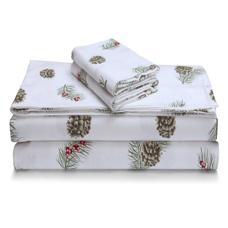 Tribeca Living Queen Pine Cones and Berries Portuguese Cotton Flannel Extra Deep Pocket Sheet Set, 2 of 4
