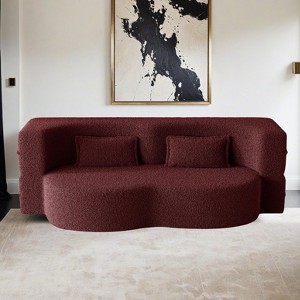 Modern Floor Sofa with 2 Pillows,Convertible Teddy Fabric Foam-Filled Sleeper Sofa Bed,15" Full Size Folding Mattress - Leovsnove - 1 of 4