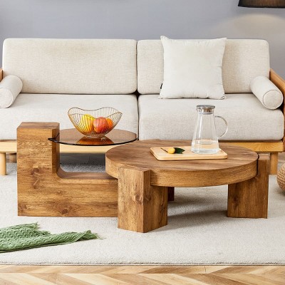 Modern Double Layer Marble Coffee Table with Detachable Glass Top Space Saving Round Table for Living Room Bedroom or Small Spaces-The Pop Home
