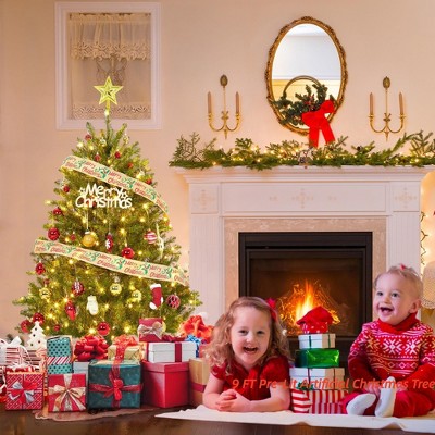 4.5FT/6FT/7.5FT/9 FTPre-Lit Artificial Christmas Tree w/ Multi-Color Lights Green PE & PVC Xmas Tree Hinged Branches & Foldable Metal Stand