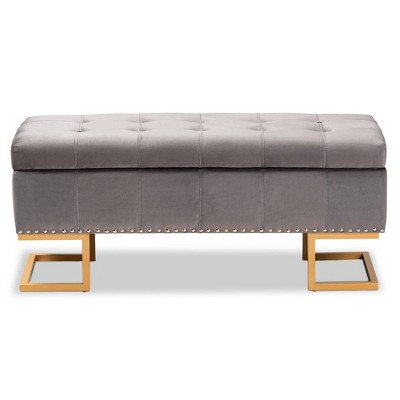Ellery Grey Velvet Tufted Storage Ottoman with Gold Base