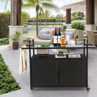 Outdoor Bar Table With One Ice Bucket, Lockable Wheels, Side Basket For Garden, Wicker Bar Cart With Cabinet, Bar Cart Outdoor-Cuddlewood