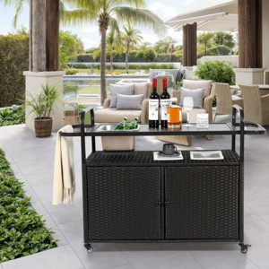 Outdoor Bar Table With One Ice Bucket, Lockable Wheels, Side Basket For Garden, Wicker Bar Cart With Cabinet, Bar Cart Outdoor-Cuddlewood - 1 of 4