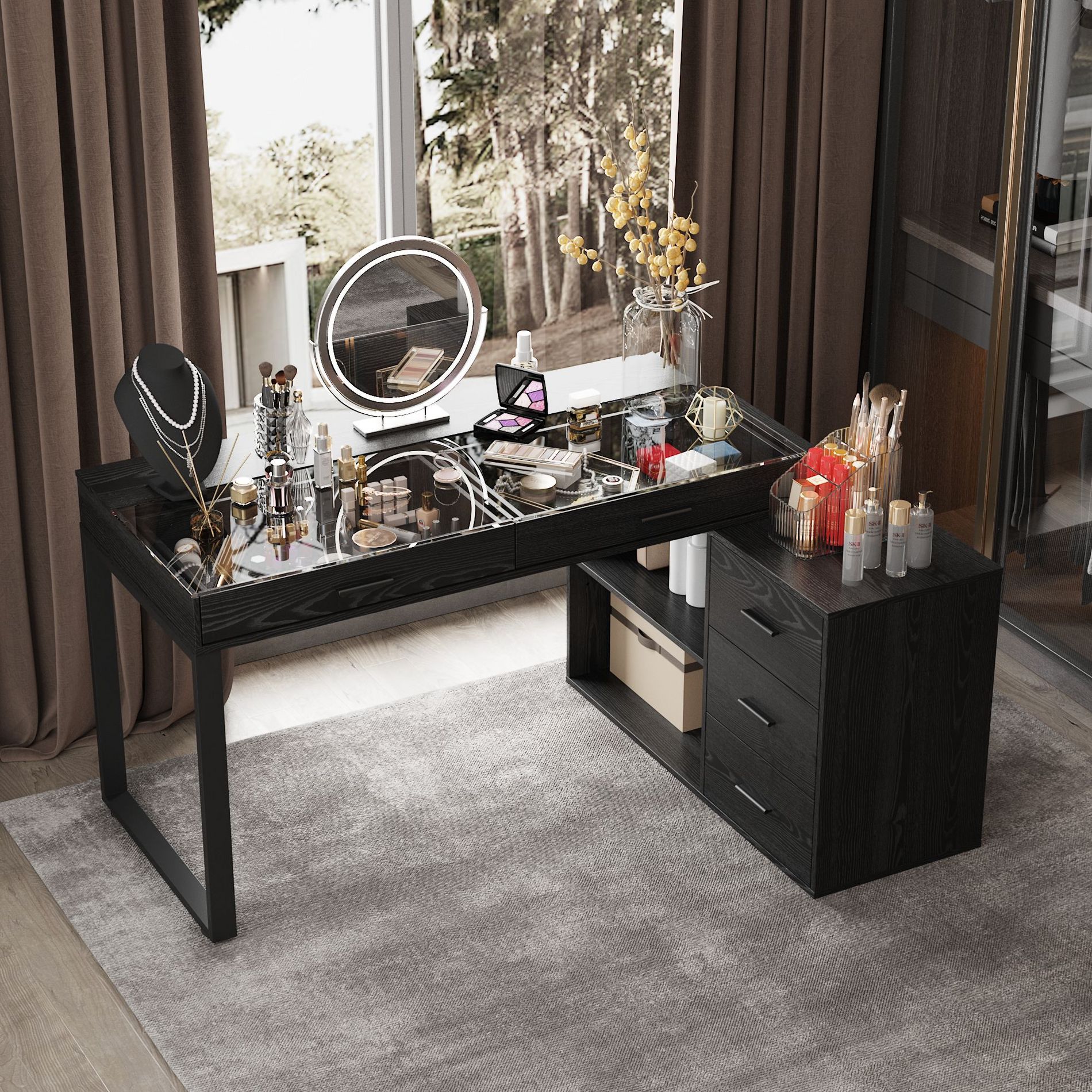 Famapy Black L-Shaped Desk with Glass Top Writing Table Top Reversible Vanity Desk Computer Desk