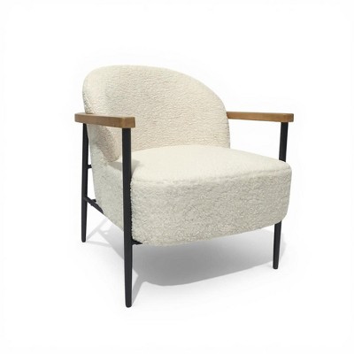 White & Black Faux Lambswool Accent Chair with Wooden Arms - Cozy Modern Lounge Chair for Living Room