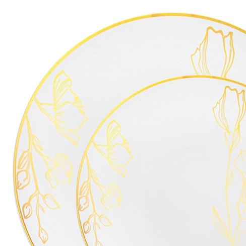 Smarty Had A Party White with Gold Antique Floral Round Disposable Plastic Dinnerware Value Set (120 Dinner Plates and 120 Salad Plates) - image 1 of 4