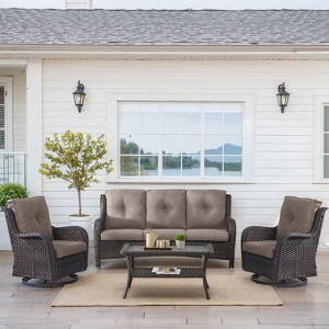 Buenhomino 4 Pieces Patio Furniture Set with Swivel Chairs, High Back Wicker Rattan Sofa with Thick Cushion and Coffee Table, Outdoor Conversation Set - 1 of 4