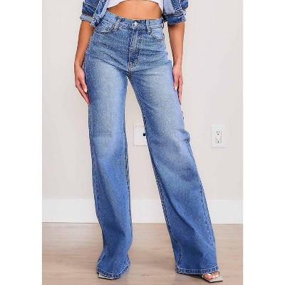 Women's Iridescent Rhinestone High-rise Wide Leg Jeans - Vibrant M.I.U