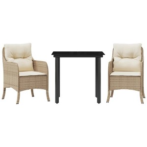 vidaXL 3 Piece Patio Dining Set – Beige Poly Rattan with Cushions – Outdoor Furniture for Garden, Backyard, Patio – Glass Table ``` - 1 of 4