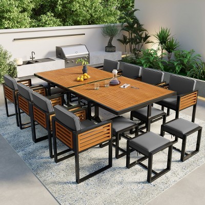 18-Pieces Outdoor Dining Set,Acacia Wood Dining Set,2 Square Table With 8 Cushioned Chairs And 8 Ottomans,Outdoor Furniture For Patio-Cuddlewood