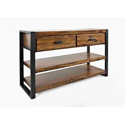 Industrial Brown Acacia Wood and Metal Console Table with Storage
