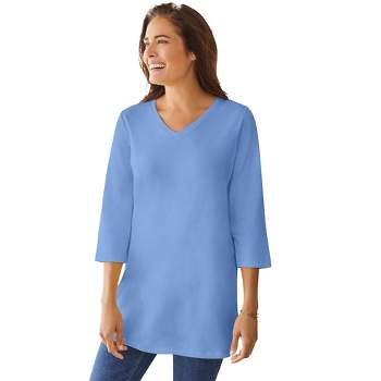 Woman Within Women's Plus Size Perfect Three-Quarter Sleeve V-Neck Tunic