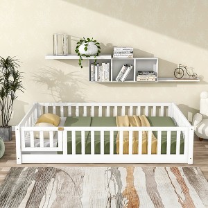 TIRAMISUBEST Twin/Full/Queen Size Floor Bed with Fence and Door, Rubber Wood Floor Platform Bed Montessori Bed Toddler Bed with Safety Guardrails - 1 of 4