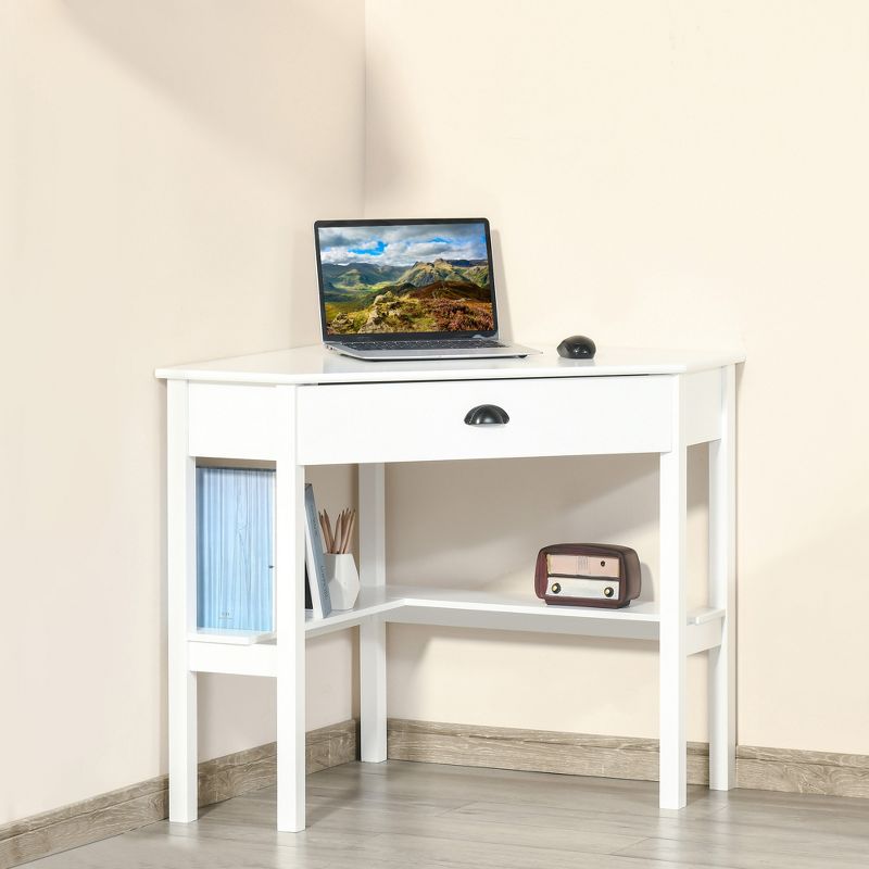 HOMCOM Corner Desk, Triangle Computer Desk with Drawer and Storage Shelves for Small Spaces, Home Office Workstation for Living Room, or Bedroom, 2 of 7