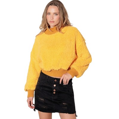 Slickblue Women's Fuzzy Ribbed Sweater, Long Sleeve, Relax Fit, Mock Neck Top, Size S/M–M/L, Mustard