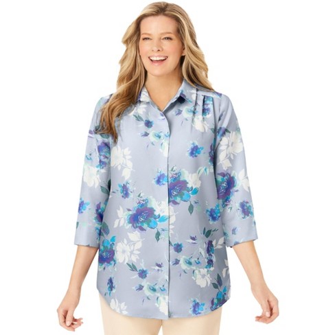 Woman Within Women's Plus Size Three-Quarter Sleeve Peachskin Button Front Shirt - image 1 of 4