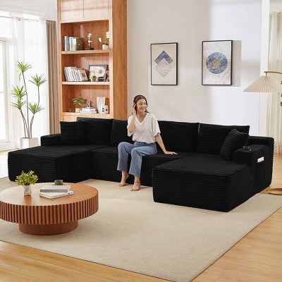 Aukfa 133" U-Shaped Oversized Sectional Sofa,Corduroy Cloud Couchs Comfy Cloud Couch Flexible Modular Sectional Sofa