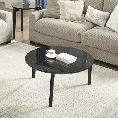 36 Inch Round Coffee Table, Modern And Stylish Small Coffee Table, Imitation Marble Tabletop With Wood Legs