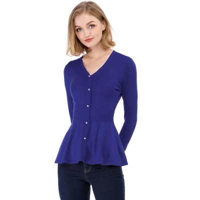 Allegra K Women's Slim Fit V-Neck Long Sleeve Ribbed Pullover Knitted Peplum Sweater