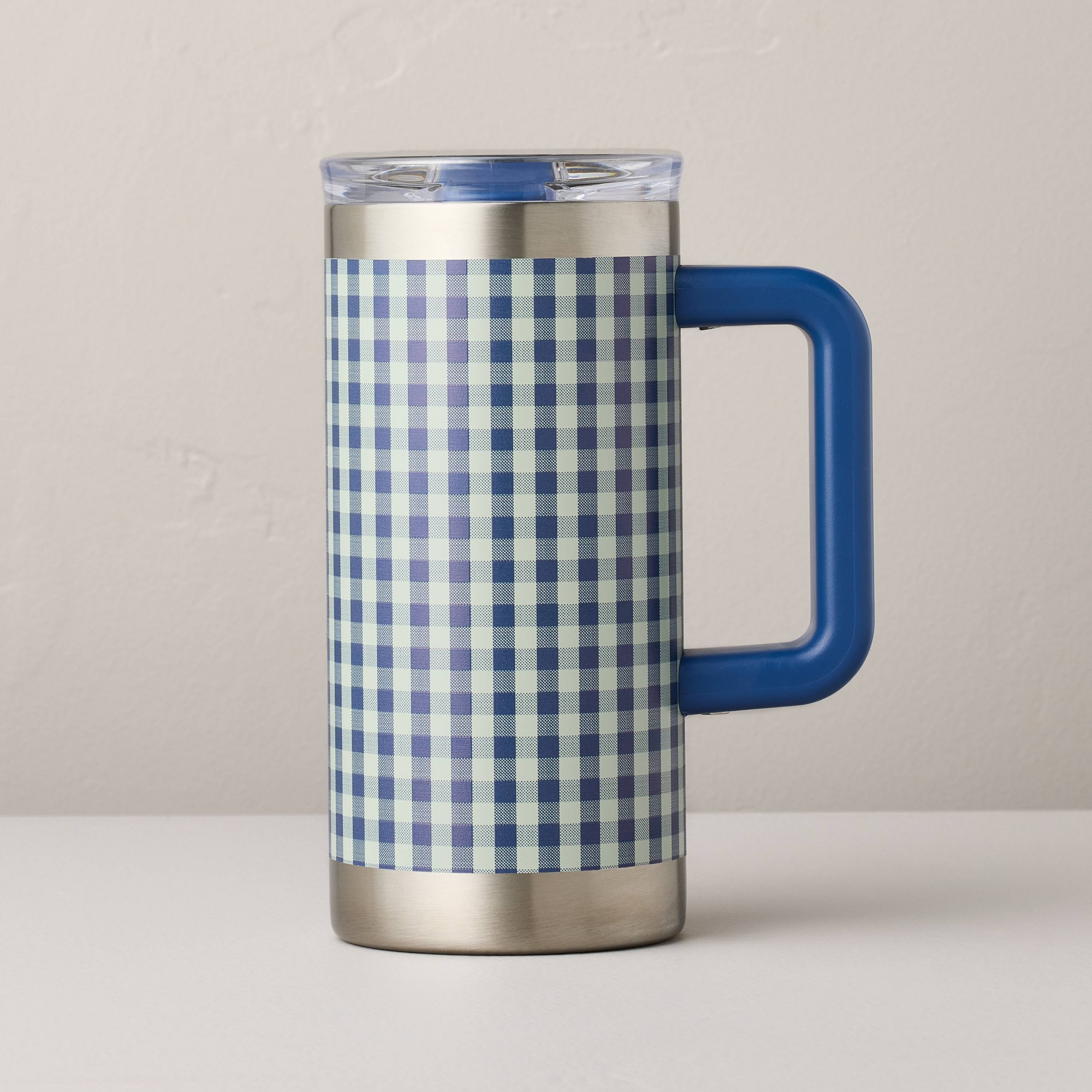 20 fl oz Large Stainless Steel Insulated Travel Mug Blue Gingham - Hearth & Hand™ with Magnolia