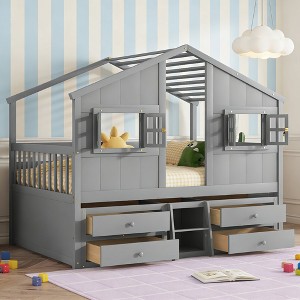 Luxystar Full Size House Loft Bed with Roof, 2 Windows, 4 Storage Drawers, Safety Guardrails and Ladder - 1 of 4