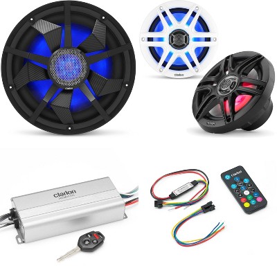 Clarion Marine 4 Channel Amp & 6.5" w/ 12" Black Grill Boat Audio Upgrade Bundle ( Includes LED Remote )