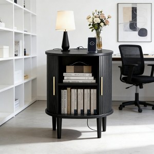 1PC/2PCS Multifunction Fluted Side Table with Charging Hub Sliding Door, Accent End Table with Adjustable Storage Mid Century Modern  for Small Space - 1 of 4