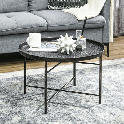 Pewter Round Metal Coffee Table with Hammered Tray Top