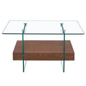 GlasFlength Coffee Tables Modern Two Tier Square Table Clear Glass and Light Wood Texture For Living Room Decor, Brown, 31.4"*31.4"*16.6" - 1 of 4