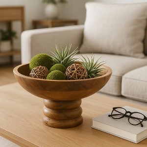 Decorative Round Wood Bowl with Ribbed Base for Coffee Table - Modern Centerpiece Table Decoration or Entryway Table for Home Decor Accent - 5", Brown - 1 of 4