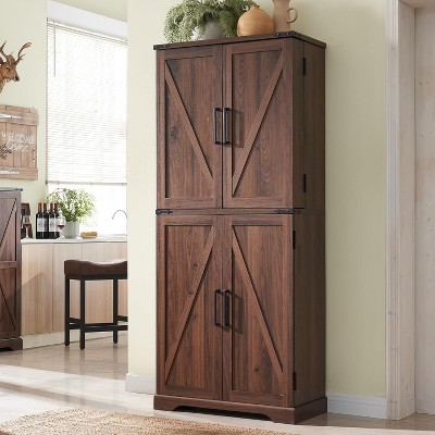 SinCiDo Farmhouse Kitchen Pantry with Barn Doors and Adjustable Shelves, 72″ Storage Cabinet, Rustic Wood Cupboard for Kitchen