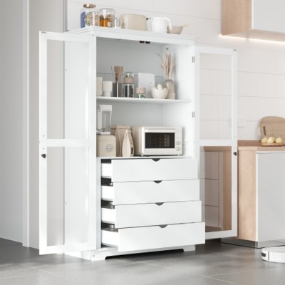 75" Kitchen Pantry Cabinet with 4 Drawers, Display Cabinet with Glass Doors, Freestanding Pantry Cabinet for Dining Room–The Pop Home
