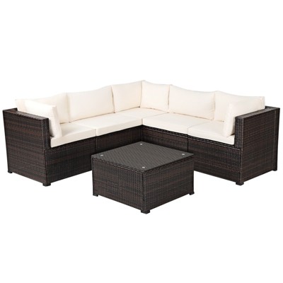 Tangkula 6 PCS Patio Rattan Furniture Set Outdoor Wicker Conversation Sofa Set w/Tempered Glass Coffee Table