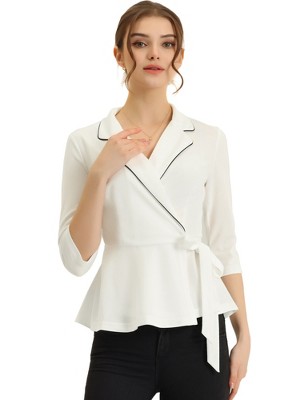 Allegra K Women's Notch Lapel Collar 3/4 Sleeve Tie Waist Peplum Top