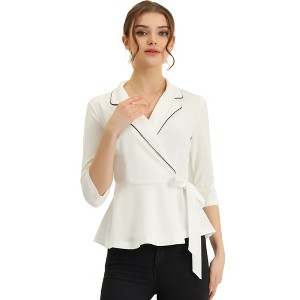 Allegra K Women's Notch Lapel Collar 3/4 Sleeve Tie Waist Peplum Top - 1 of 4