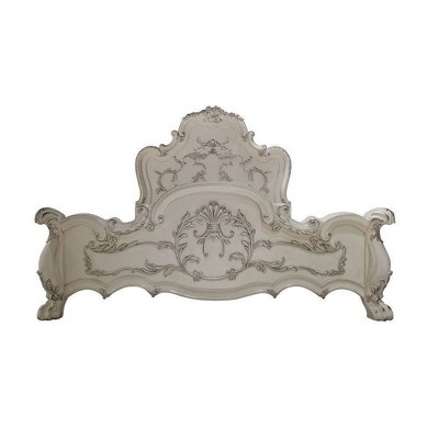 Bone White King Upholstered Wood Bed with Carved Details