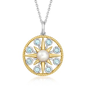 Ross-Simons 6-6.5mm Cultured Pearl and .50 ct. t.w. Sky Blue Topaz Sun Pendant Necklace in Sterling Silver and 18kt Gold Over Sterling Size 18 - 1 of 4