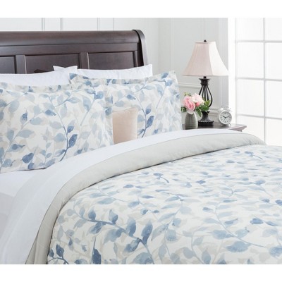 Blue Taupe Layered Leaf Microfiber Queen Duvet Cover Set