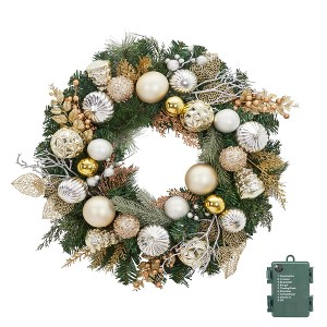 24 Inch Christmas Decoration Elegant Christmas Wreath with Golden Gold & Silver Ornaments, Berries & Faux Greenery - 1 of 4