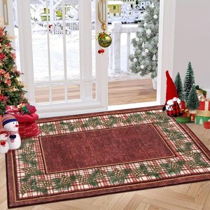 Christmas Border Runner Rug Washable Kitchen Hallway Rug, Non Slip Low Pile Holiday Carpet for Entryway, Bathroom, Bedroom - 1 of 4