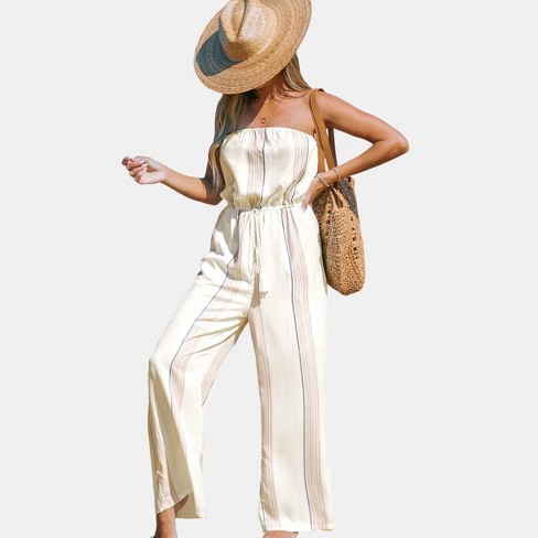 Women s Striped Tube Top Wide Leg Jumpsuit Cupshe m white Target