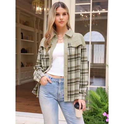 INSPIRE CHIC Women's Corduroy Flannel Shacket Plaid Button Down Casual Shirt Jackets Apricot Medium — фото 4