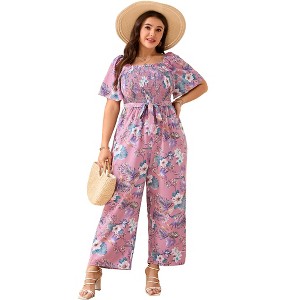 Women's Plus Size Wide Leg Casual Jumpsuits Smocked Bell Sleeve Outfits Floral - 1 of 4